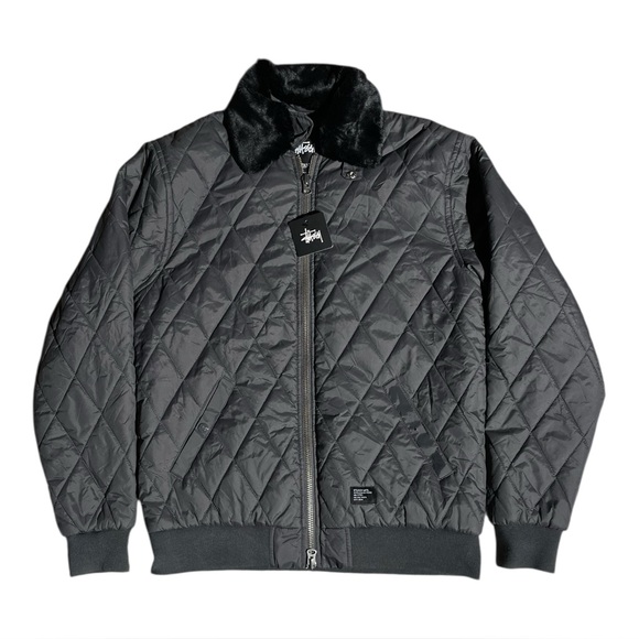 Stussy Quilted Bomber Jacket Faux Fur Collar Gray Black - Picture 1 of 6